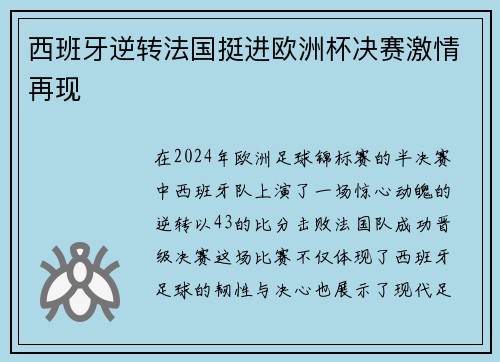 西班牙逆转法国挺进欧洲杯决赛激情再现